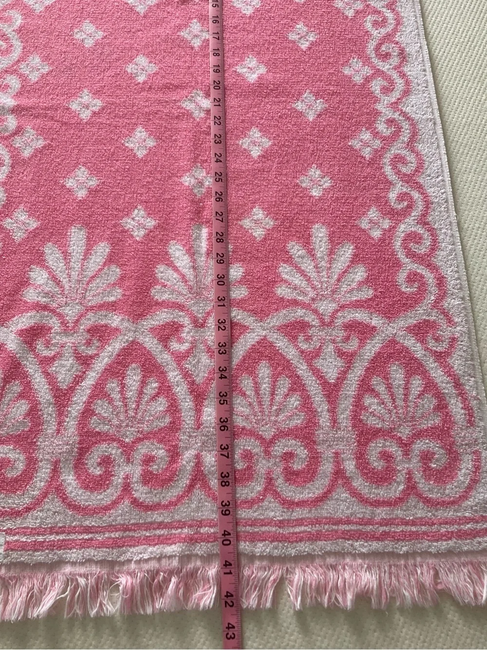Pink and white vintage Cannon towel with fringe